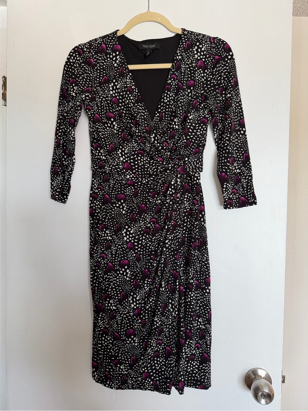 White House Black Market Black and Magenta Print Wrap Midi Dress